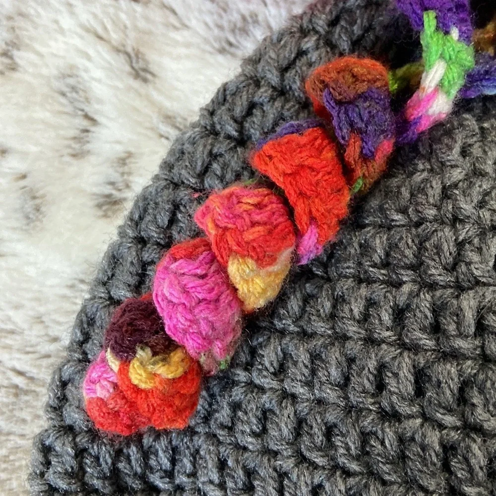 Handmade knit beanie boys girls OS rainbow ponytail curls unique Kidcore winter
